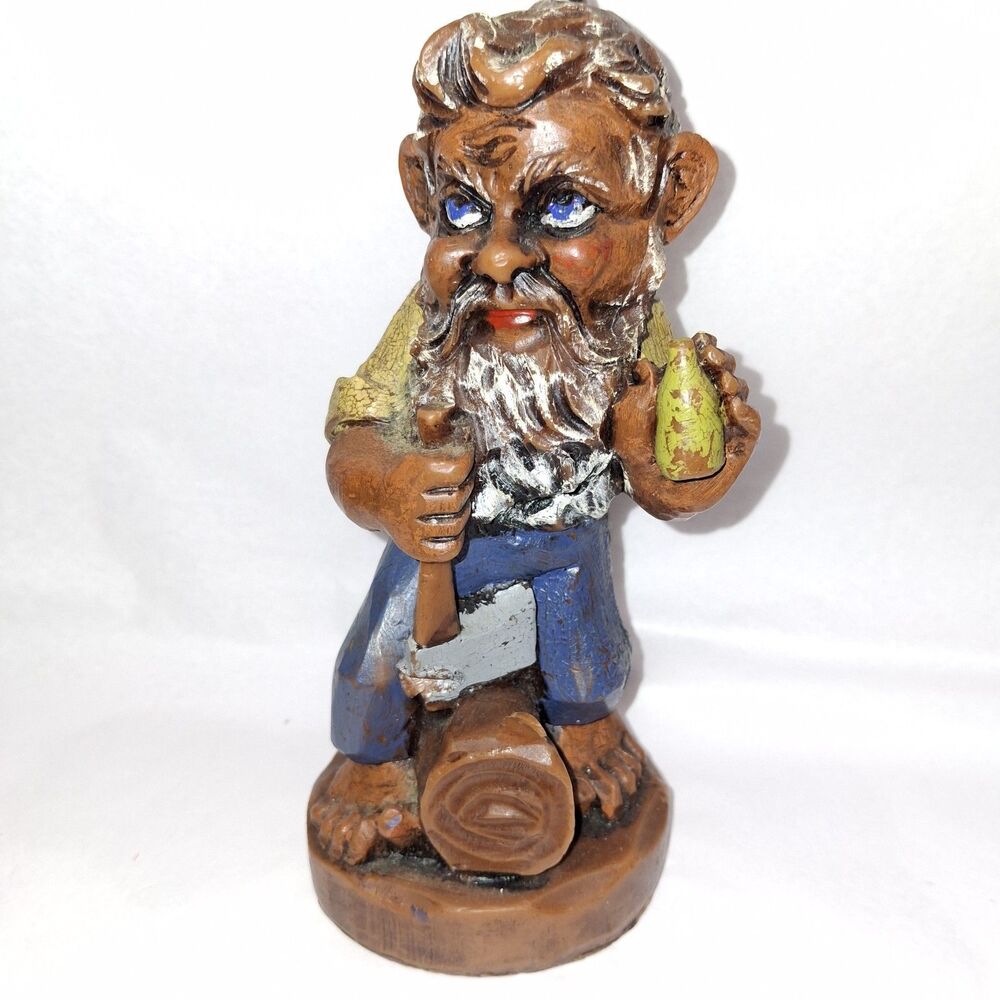 VTG Carved Wax Candle Barefoot Blue Eyed Man Holding Axe w Bottle On Log Stump